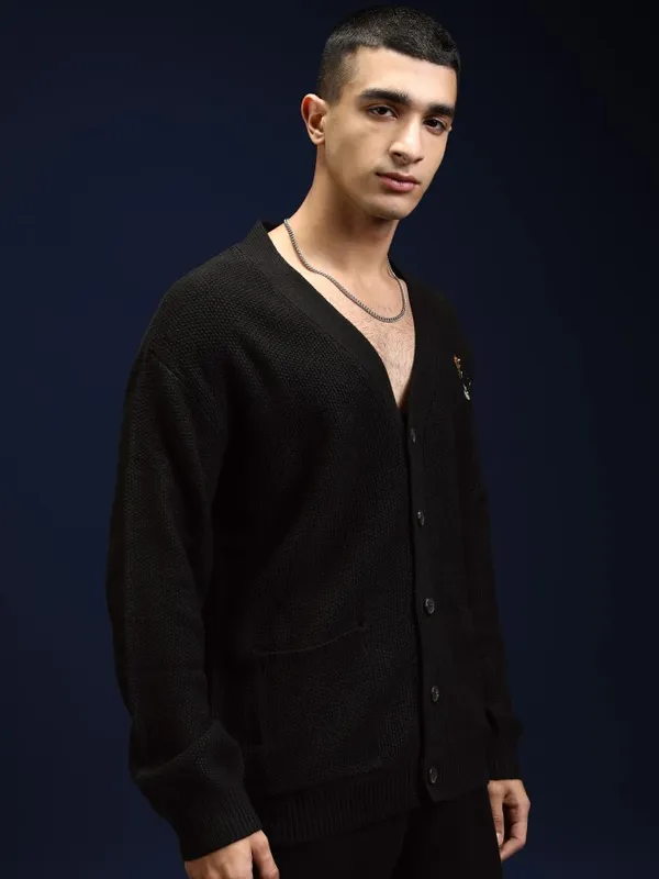 Highlander Men Black V-Neck Cardigan Sweater