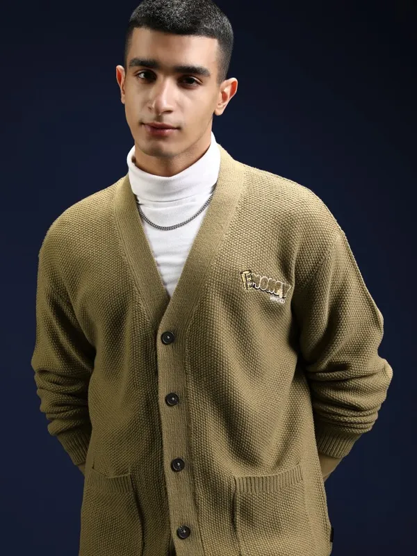 Highlander Men Brown V-Neck Cardigan Sweater