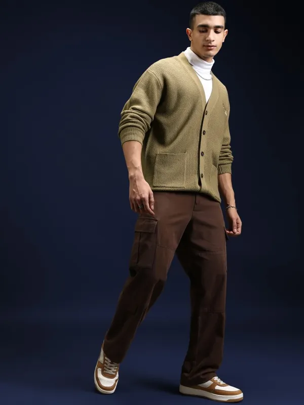 Highlander Men Brown V-Neck Cardigan Sweater