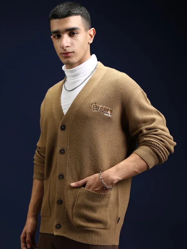 Highlander Men Brown V-Neck Cardigan Sweater