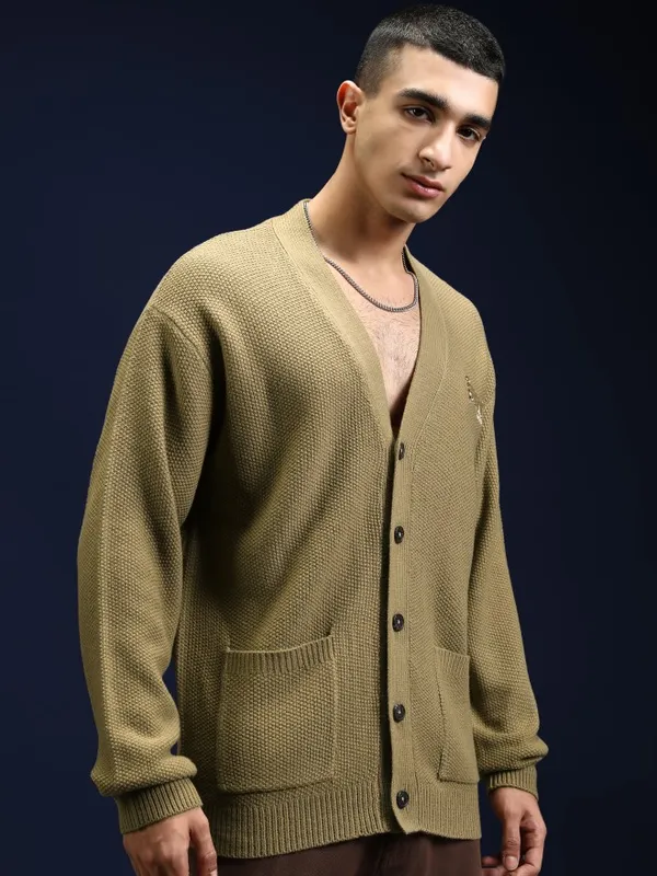 Highlander Men Brown V-Neck Cardigan Sweater