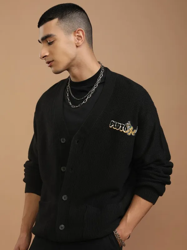 Disney By Highlander Men Black Pluto V-Neck Cardigan Sweater