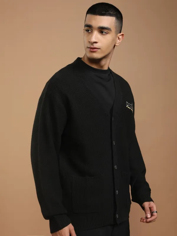 Disney By Highlander Men Black Pluto V-Neck Cardigan Sweater