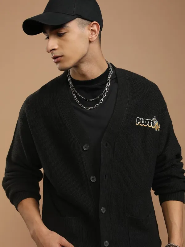 Disney By Highlander Men Black Pluto V-Neck Cardigan Sweater