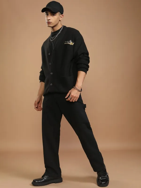 Disney By Highlander Men Black Pluto V-Neck Cardigan Sweater