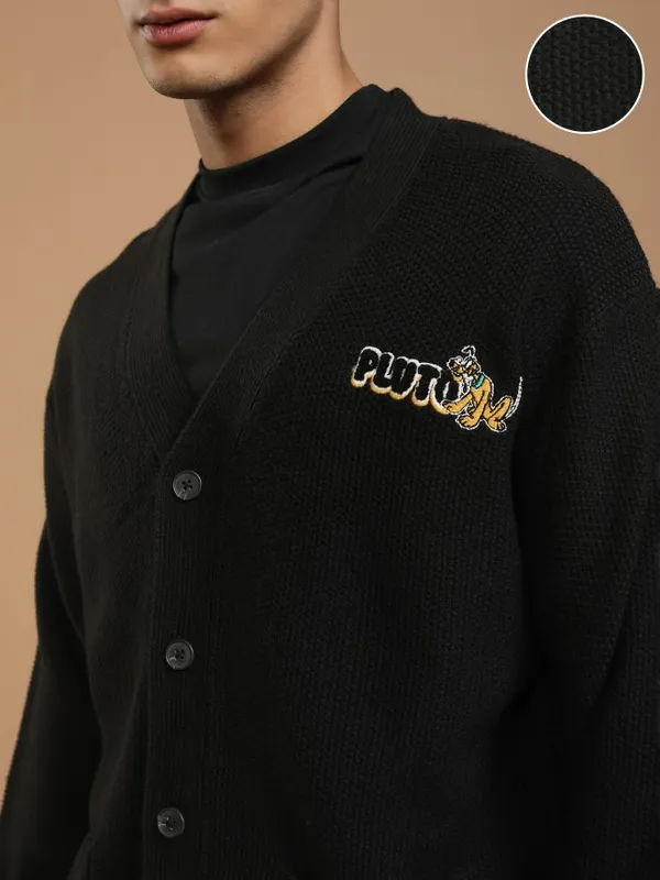 Disney By Highlander Men Black Pluto V-Neck Cardigan Sweater