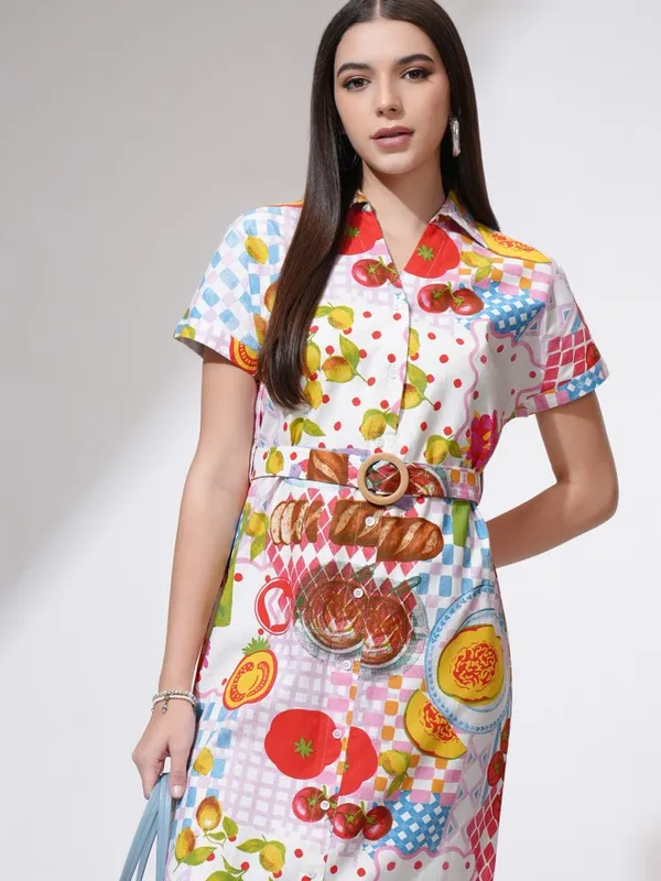 Tokyo Talkies Women White Printed Shirt Dress