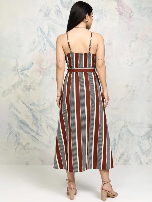 Tokyo Talkies Women Rust Striped Fit and Flare Dress
