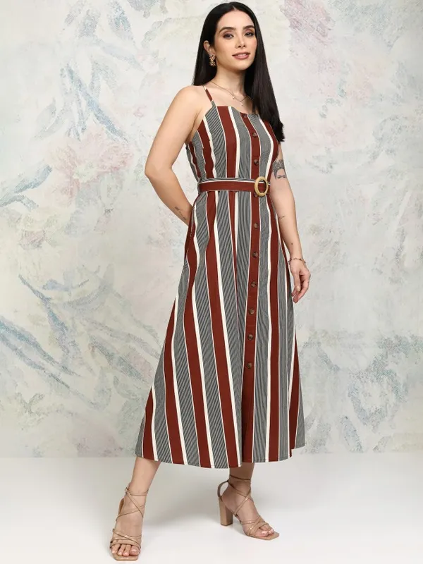 Tokyo Talkies Women Rust Striped Fit and Flare Dress