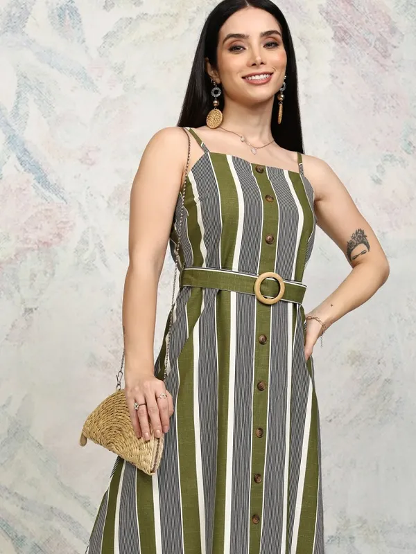 Tokyo Talkies Women Olive Striped Fit and Flare Dress