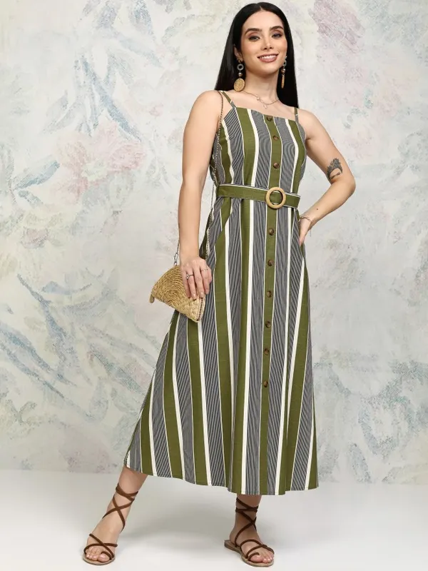 Tokyo Talkies Women Olive Striped Fit and Flare Dress