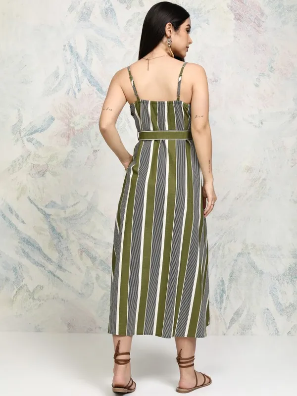 Tokyo Talkies Women Olive Striped Fit and Flare Dress