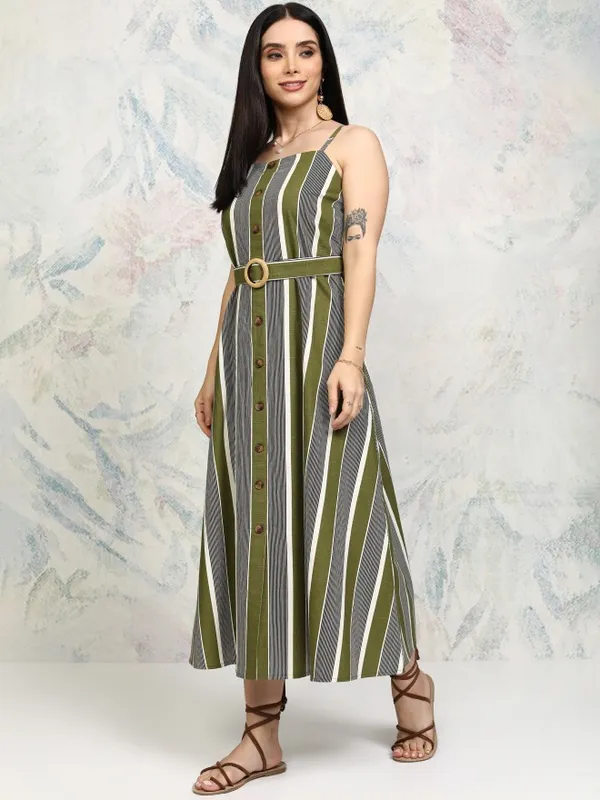Tokyo Talkies Women Olive Striped Fit and Flare Dress