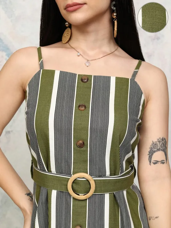 Tokyo Talkies Women Olive Striped Fit and Flare Dress