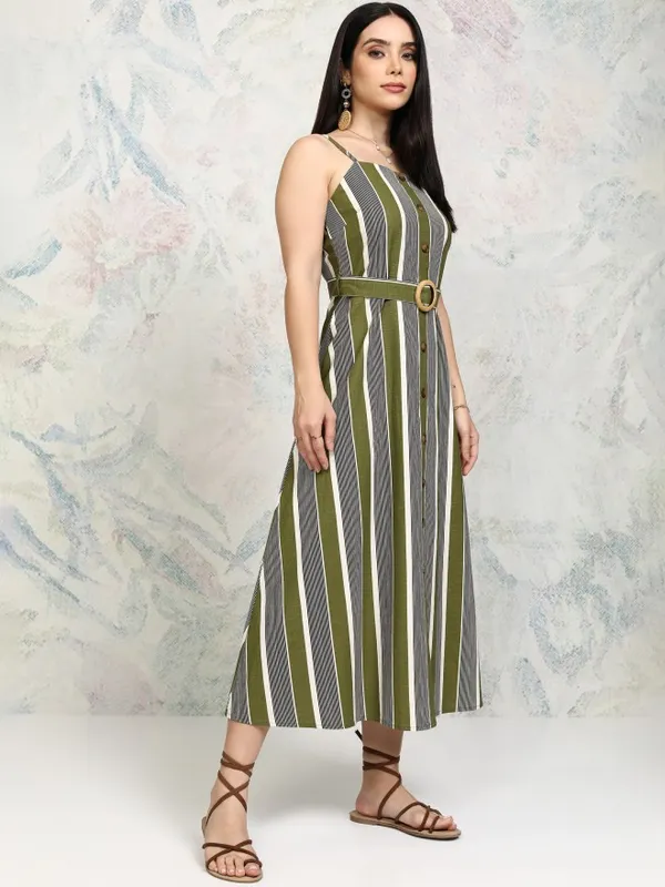 Tokyo Talkies Women Olive Striped Fit and Flare Dress