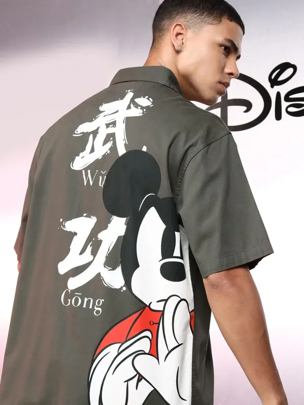 Disney By Highlander Men Olive Mickey Mouse Printed Oversized Fit Casual Shirt