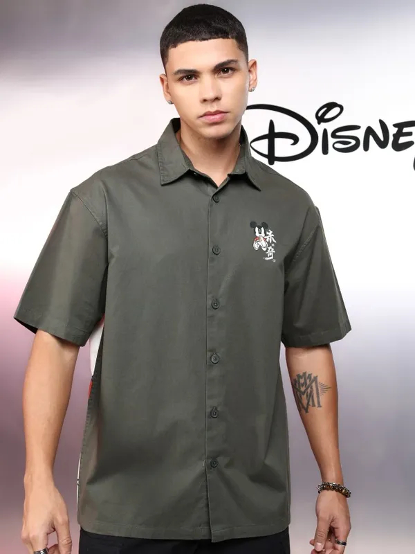 Disney By Highlander Men Olive Mickey Mouse Printed Oversized Fit Casual Shirt