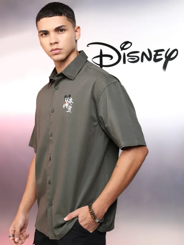 Disney By Highlander Men Olive Mickey Mouse Printed Oversized Fit Casual Shirt