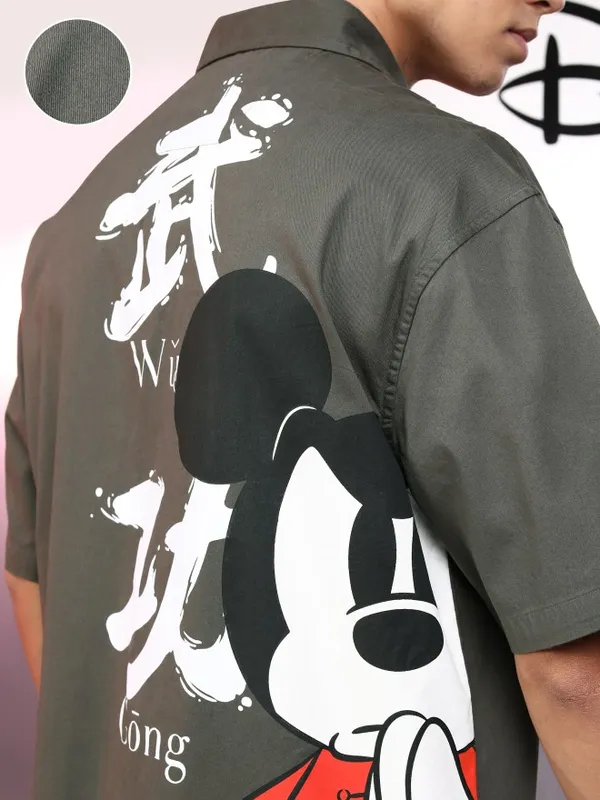 Disney By Highlander Men Olive Mickey Mouse Printed Oversized Fit Casual Shirt