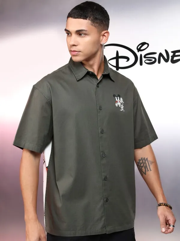 Disney By Highlander Men Olive Mickey Mouse Printed Oversized Fit Casual Shirt