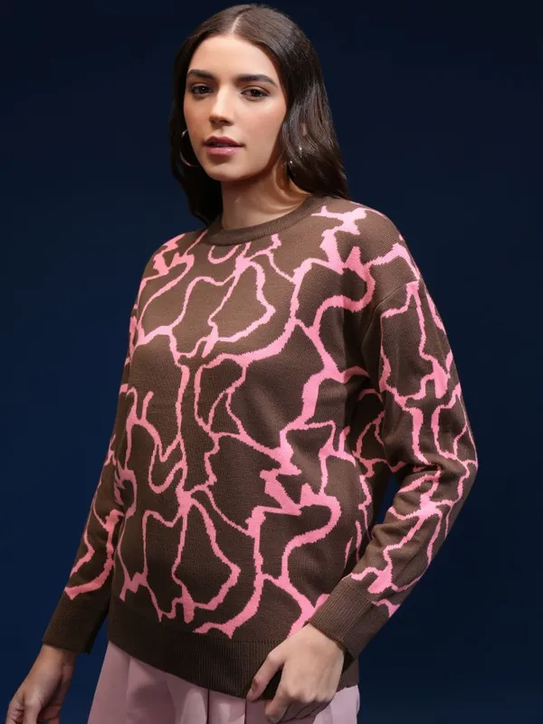 Tokyo Talkies Women Brown Round Neck Sweater