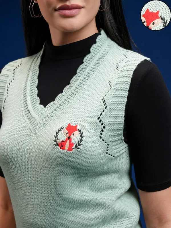 Tokyo Talkies Women Green V-Neck Sweater