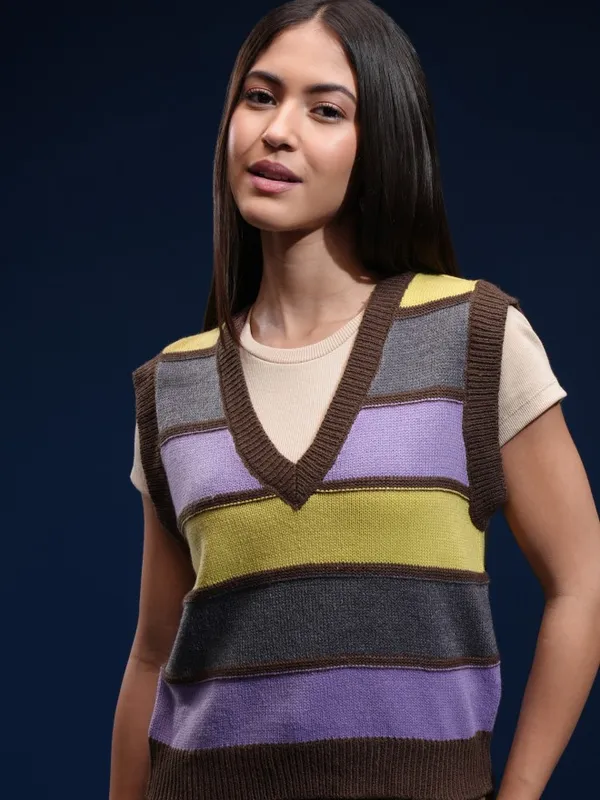 Tokyo Talkies Women Brown V-Neck Sweater