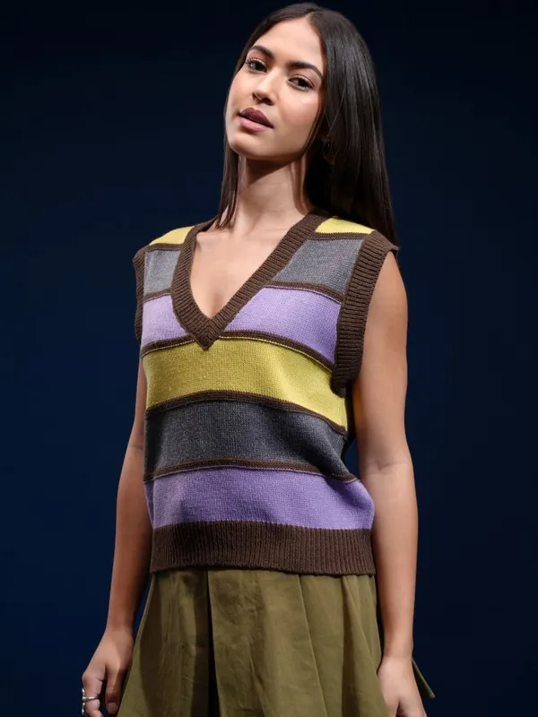 Tokyo Talkies Women Brown V-Neck Sweater