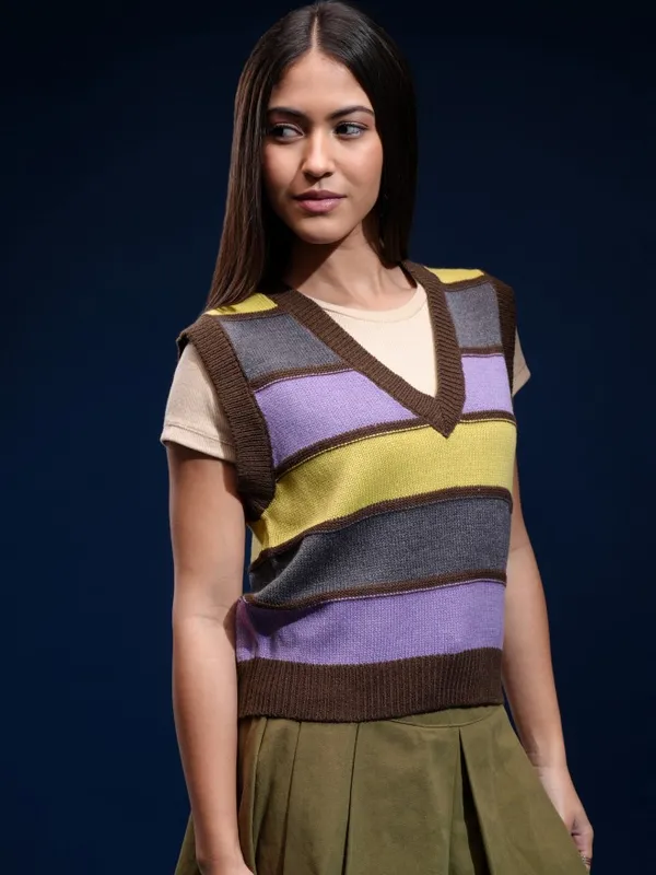 Tokyo Talkies Women Brown V-Neck Sweater