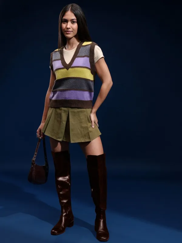 Tokyo Talkies Women Brown V-Neck Sweater