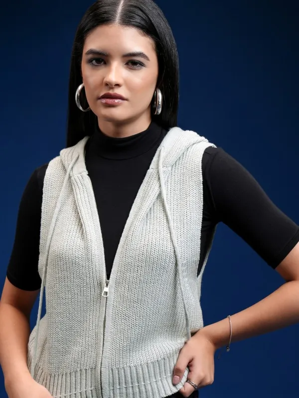 Tokyo Talkies Women Grey Hood Cardigan Sweater