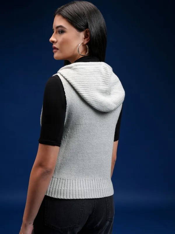 Tokyo Talkies Women Grey Hood Cardigan Sweater
