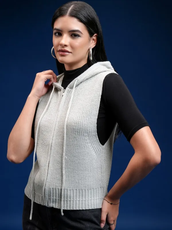 Tokyo Talkies Women Grey Hood Cardigan Sweater