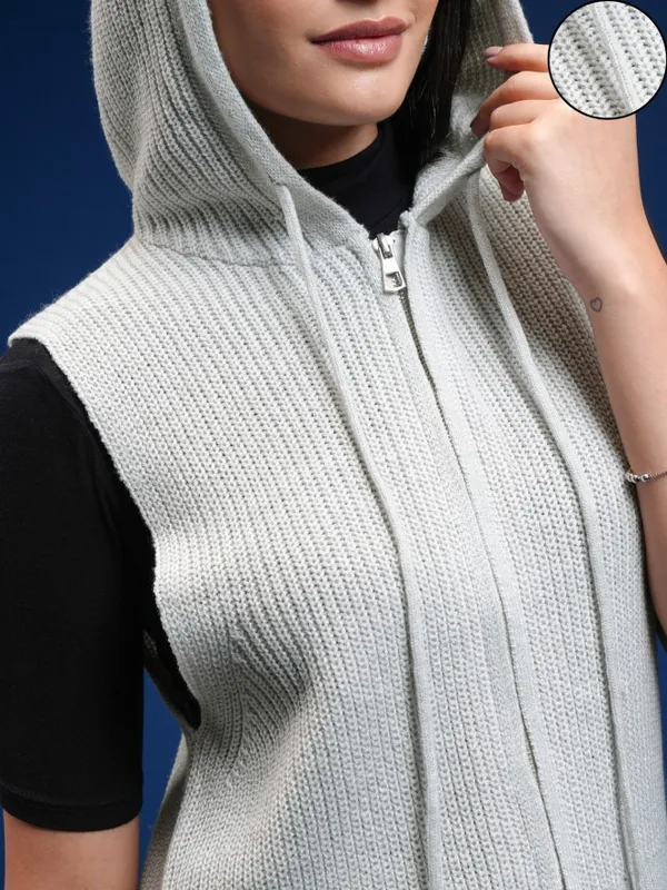 Tokyo Talkies Women Grey Hood Cardigan Sweater
