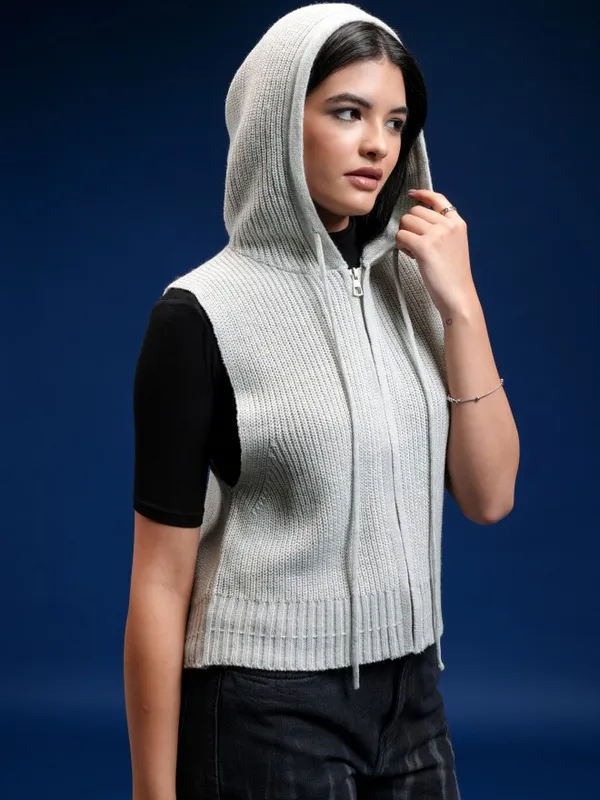 Tokyo Talkies Women Grey Hood Cardigan Sweater