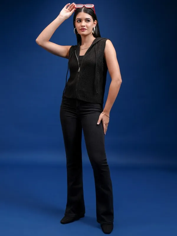 Tokyo Talkies Women Black Hood Sweater