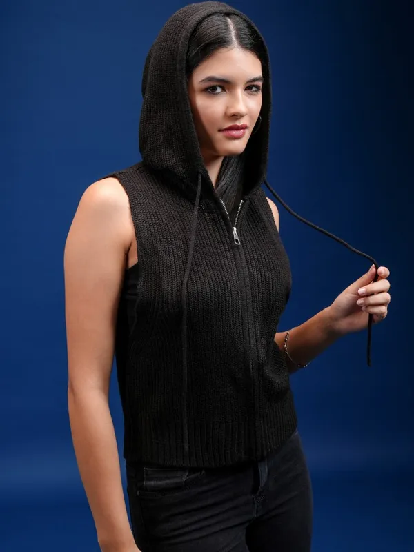 Tokyo Talkies Women Black Hood Sweater