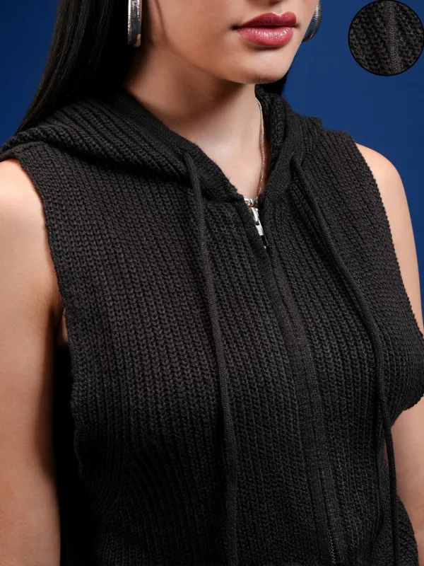 Tokyo Talkies Women Black Hood Sweater