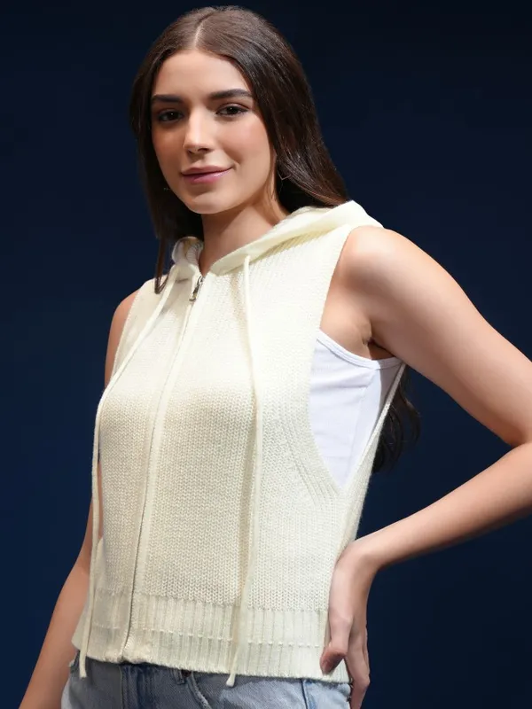 Tokyo Talkies Women Off White Hood Sweater