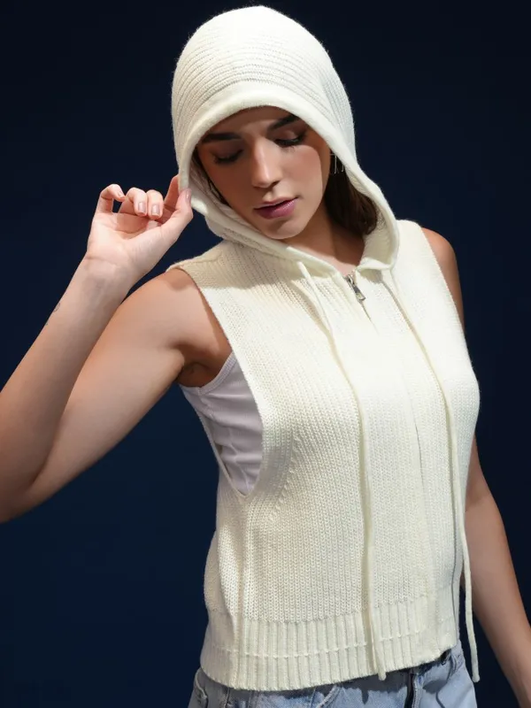 Tokyo Talkies Women Off White Hood Sweater