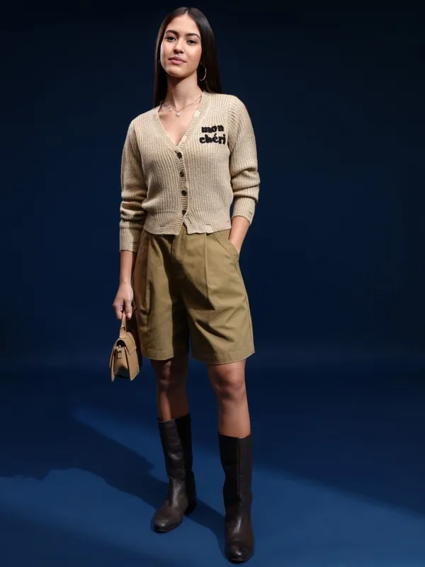 Tokyo Talkies Women Beige Lapel Collar Sweater