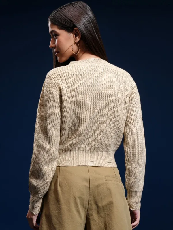 Tokyo Talkies Women Beige Lapel Collar Sweater