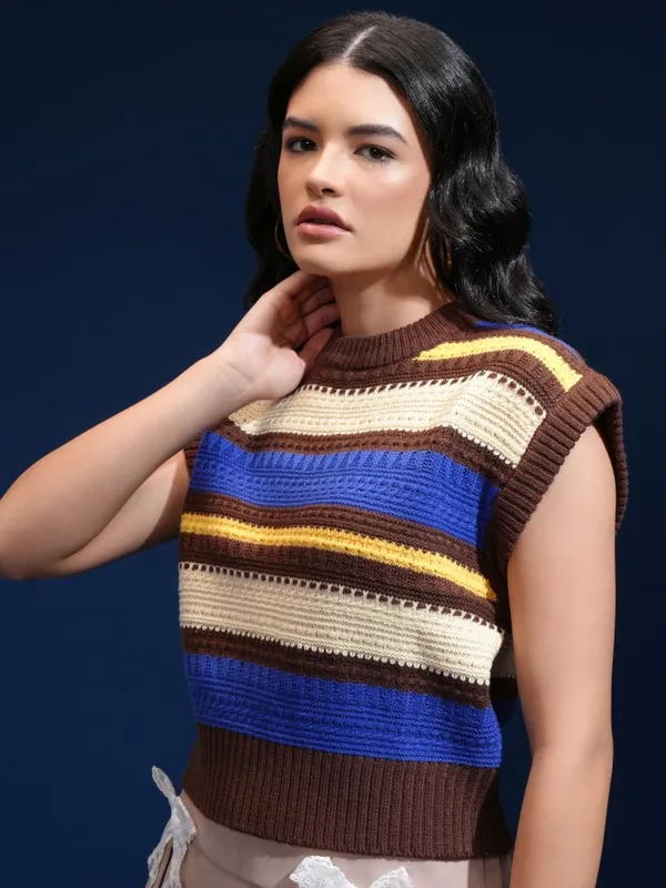 Tokyo Talkies Women Beige Round Neck Oversized Fit Sweater