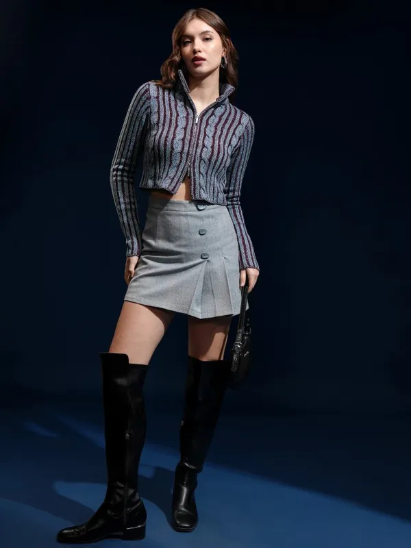 Tokyo Talkies Women Blue High Neck Sweater