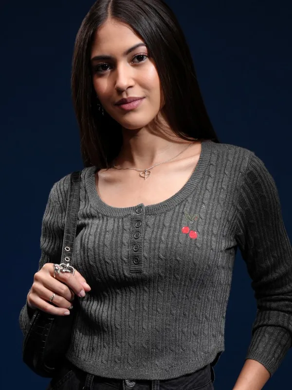 Tokyo Talkies Women Grey Round Neck Sweater