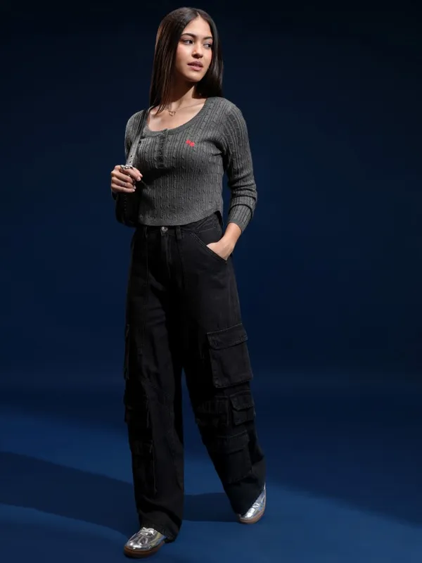 Tokyo Talkies Women Grey Round Neck Sweater