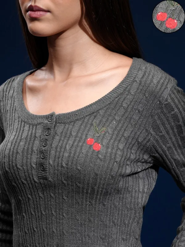 Tokyo Talkies Women Grey Round Neck Sweater