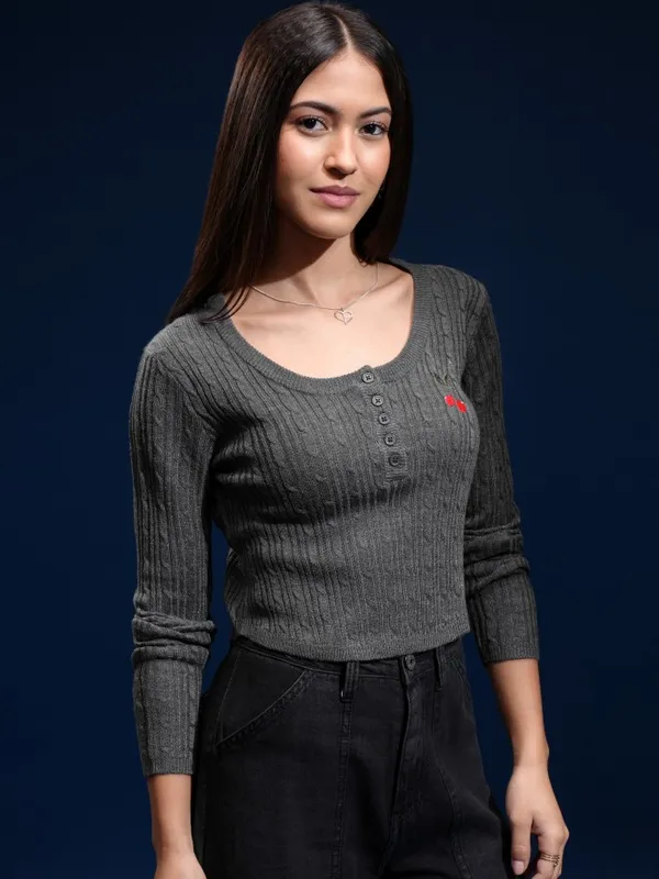 Tokyo Talkies Women Grey Round Neck Sweater