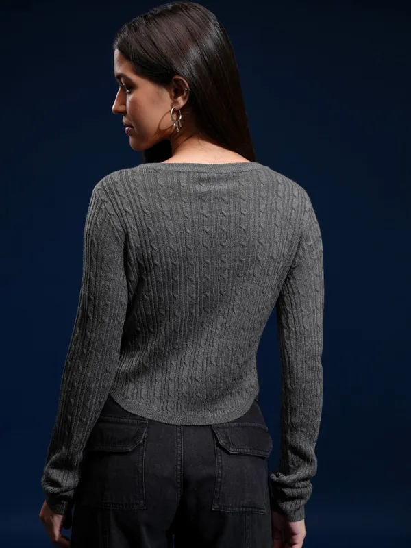 Tokyo Talkies Women Grey Round Neck Sweater