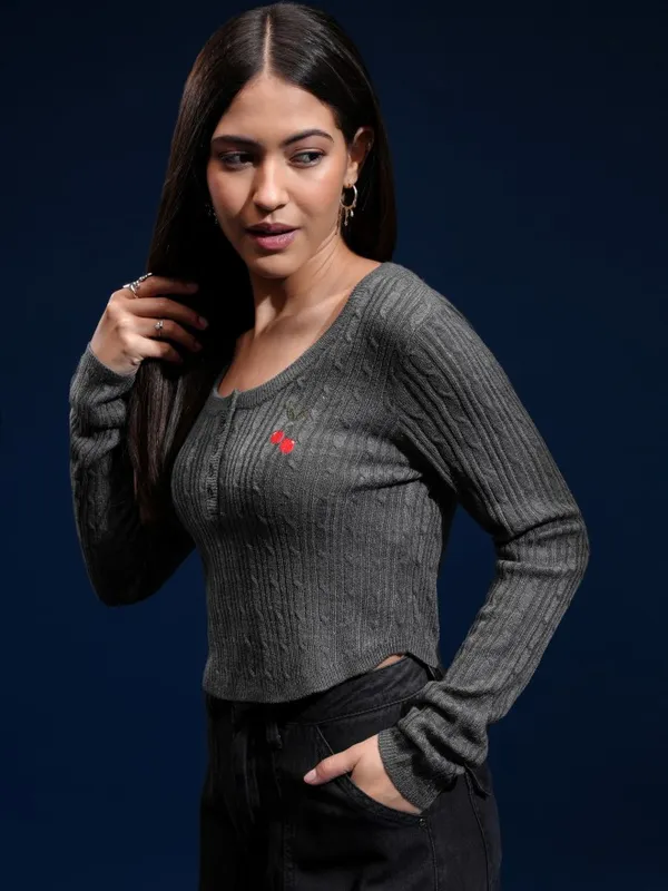 Tokyo Talkies Women Grey Round Neck Sweater